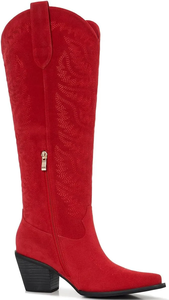 Suede Cowboy Boots for Women – Knee-High Western Cowgirl Style – Snip Toe Pull-On with Side Zipper – 3” Wood-Grain Chunky Heel, Classic Embroidery