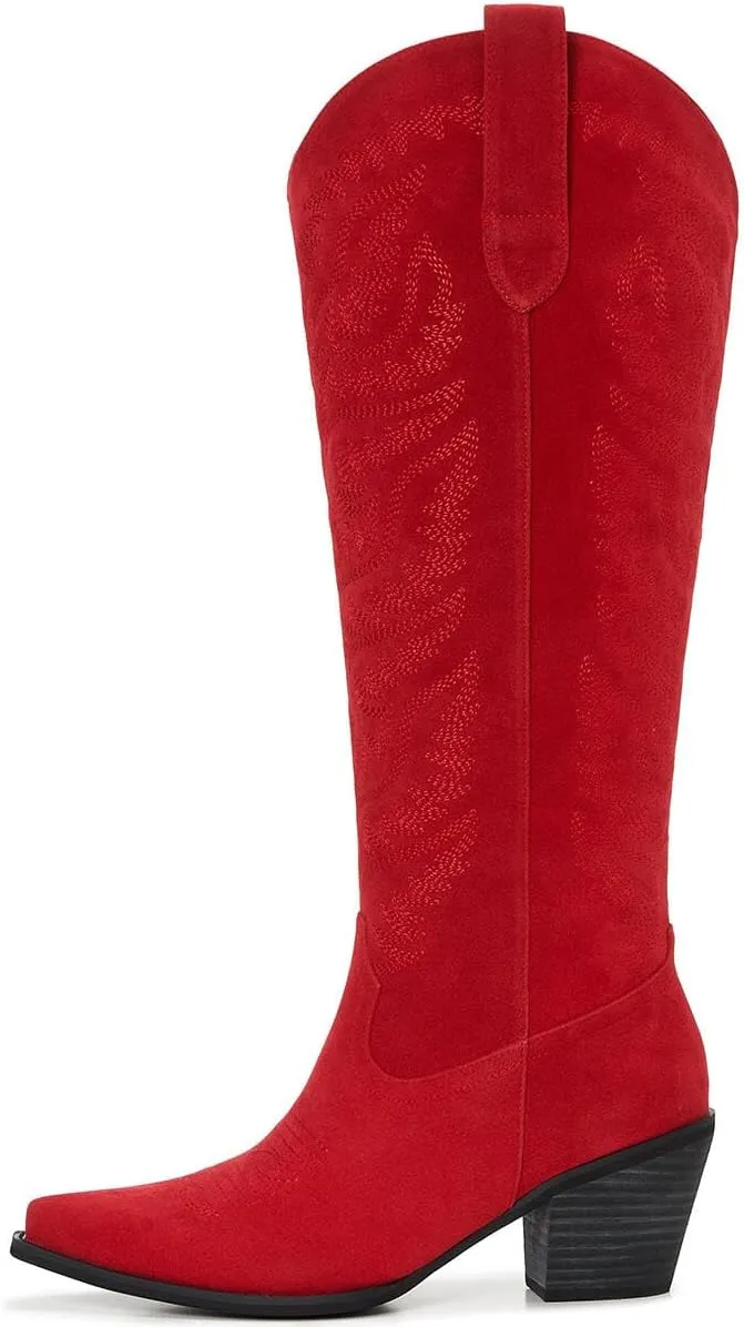 Suede Cowboy Boots for Women – Knee-High Western Cowgirl Style – Snip Toe Pull-On with Side Zipper – 3” Wood-Grain Chunky Heel, Classic Embroidery