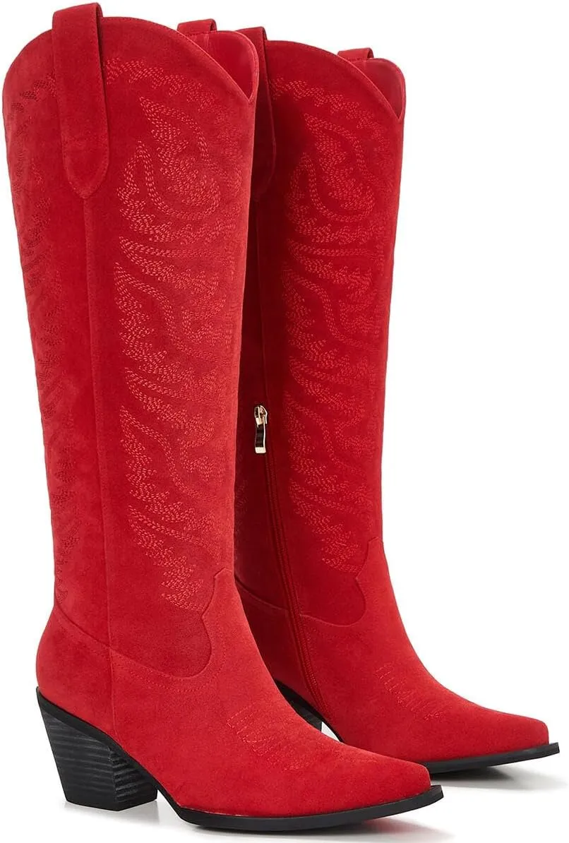 Suede Cowboy Boots for Women – Knee-High Western Cowgirl Style – Snip Toe Pull-On with Side Zipper – 3” Wood-Grain Chunky Heel, Classic Embroidery