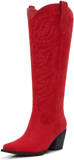 Suede Cowboy Boots for Women – Knee-High Western Cowgirl Style – Snip Toe Pull-On with Side Zipper – 3” Wood-Grain Chunky Heel, Classic Embroidery