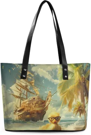 Summer Beach Duck And Coconut Tree Ship Women's Tote Shoulder Bag Handbag Top Handle Leather 29 * 34 * 14cm
