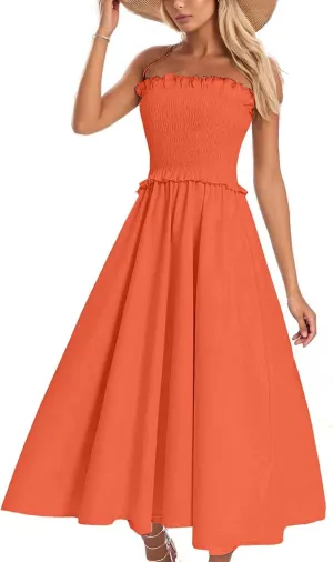Summer Dresses for Women 2025 Strapless Sundress Off Shoulder Sleeveless High Waist Smocked A-Line Beach Maxi Dress