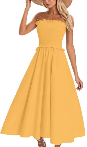 Summer Dresses for Women 2025 Strapless Sundress Off Shoulder Sleeveless High Waist Smocked A-Line Beach Maxi Dress