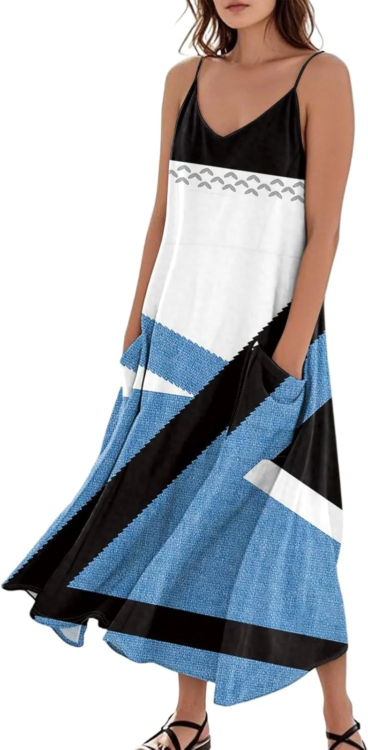 Summer Dresses for Women 2025 Trendy Floral Spaghetti Strap Maxi Sundresses Tropical Paisley Sleeveless Dress with Pockets