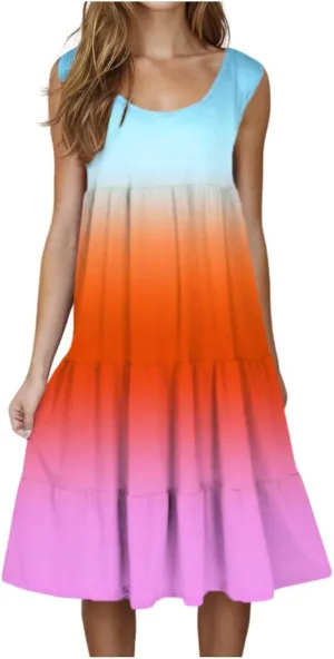 Summer Dresses for Women 2025 Trendy Gradient Boho Vacation Dresses Casual Crew Neck Sleeveless Pleated Sundresses