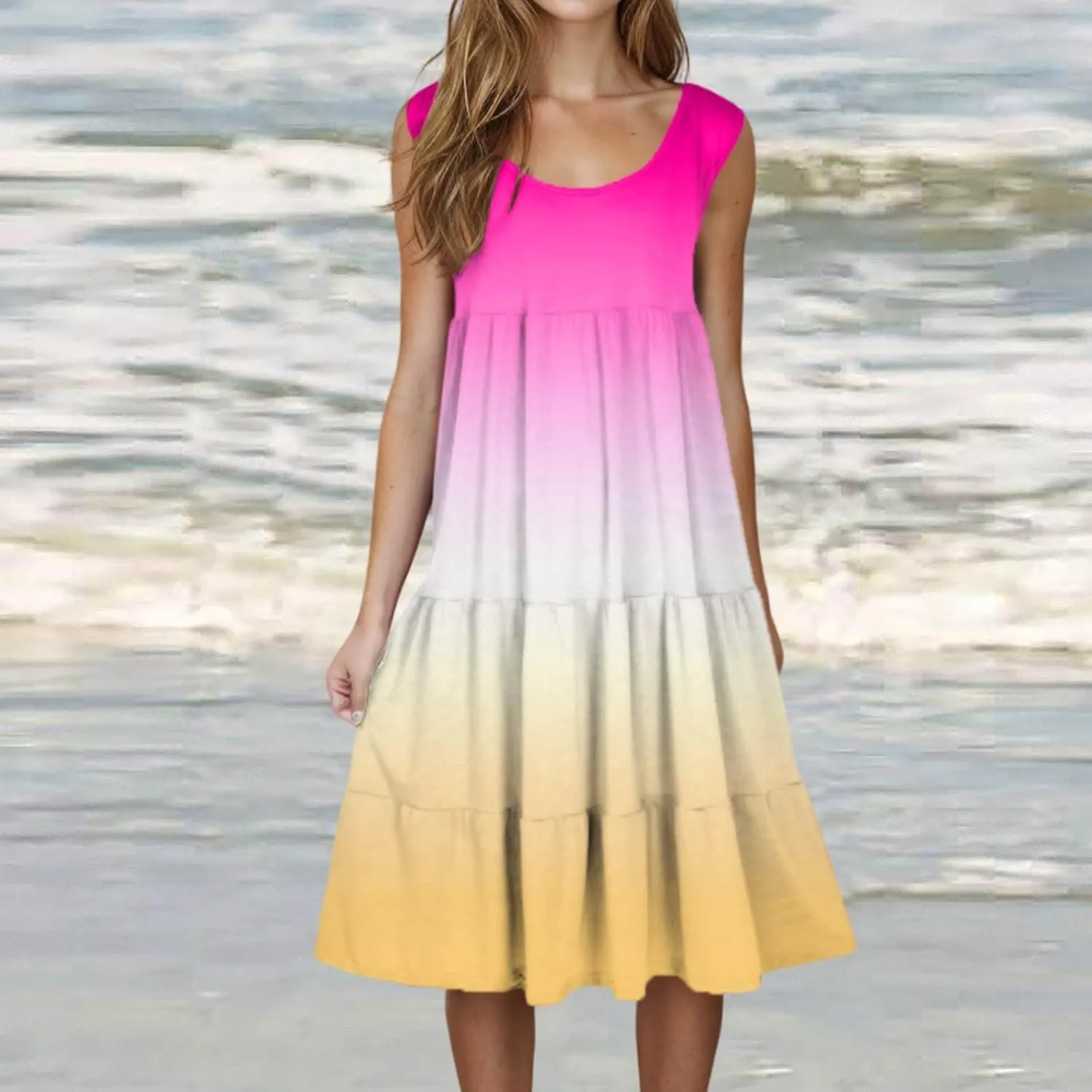 Summer Dresses for Women 2025 Trendy Gradient Boho Vacation Dresses Casual Crew Neck Sleeveless Pleated Sundresses