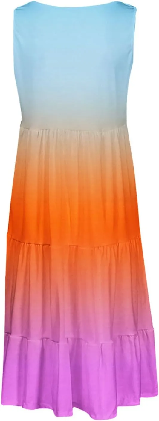 Summer Dresses for Women 2025 Trendy Gradient Boho Vacation Dresses Casual Crew Neck Sleeveless Pleated Sundresses
