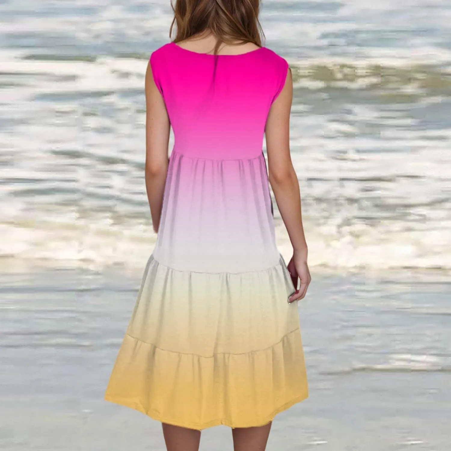Summer Dresses for Women 2025 Trendy Gradient Boho Vacation Dresses Casual Crew Neck Sleeveless Pleated Sundresses