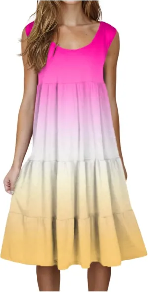 Summer Dresses for Women 2025 Trendy Gradient Boho Vacation Dresses Casual Crew Neck Sleeveless Pleated Sundresses