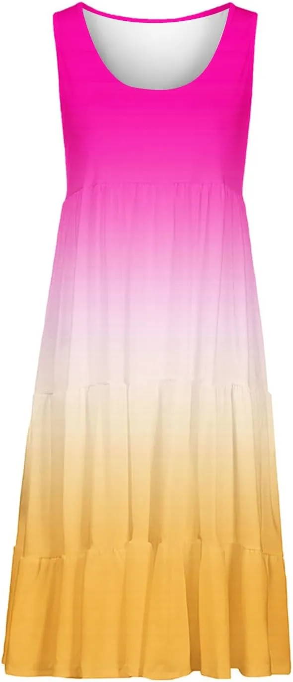 Summer Dresses for Women 2025 Trendy Gradient Boho Vacation Dresses Casual Crew Neck Sleeveless Pleated Sundresses