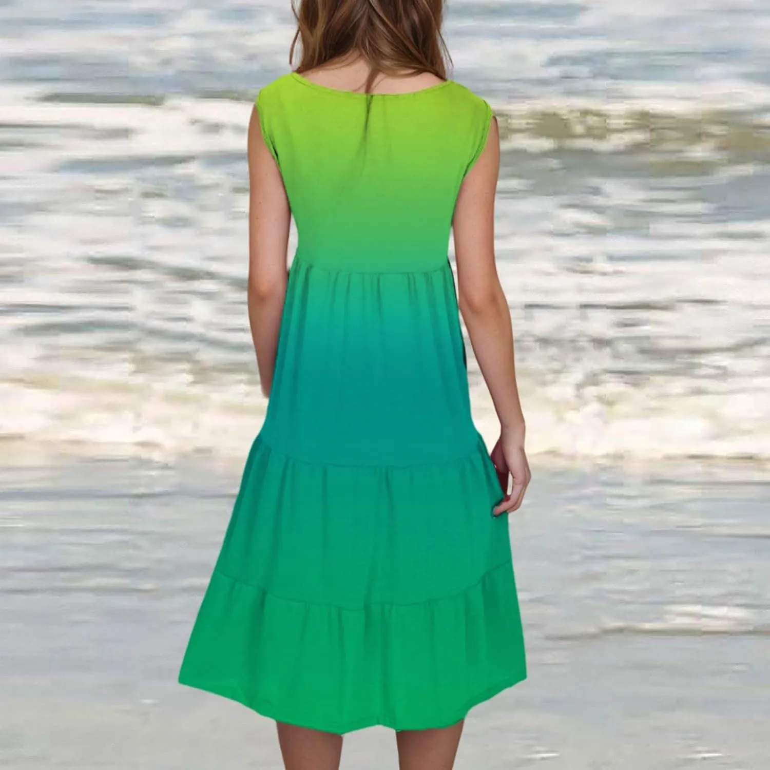 Summer Dresses for Women 2025 Trendy Gradient Boho Vacation Dresses Casual Crew Neck Sleeveless Pleated Sundresses
