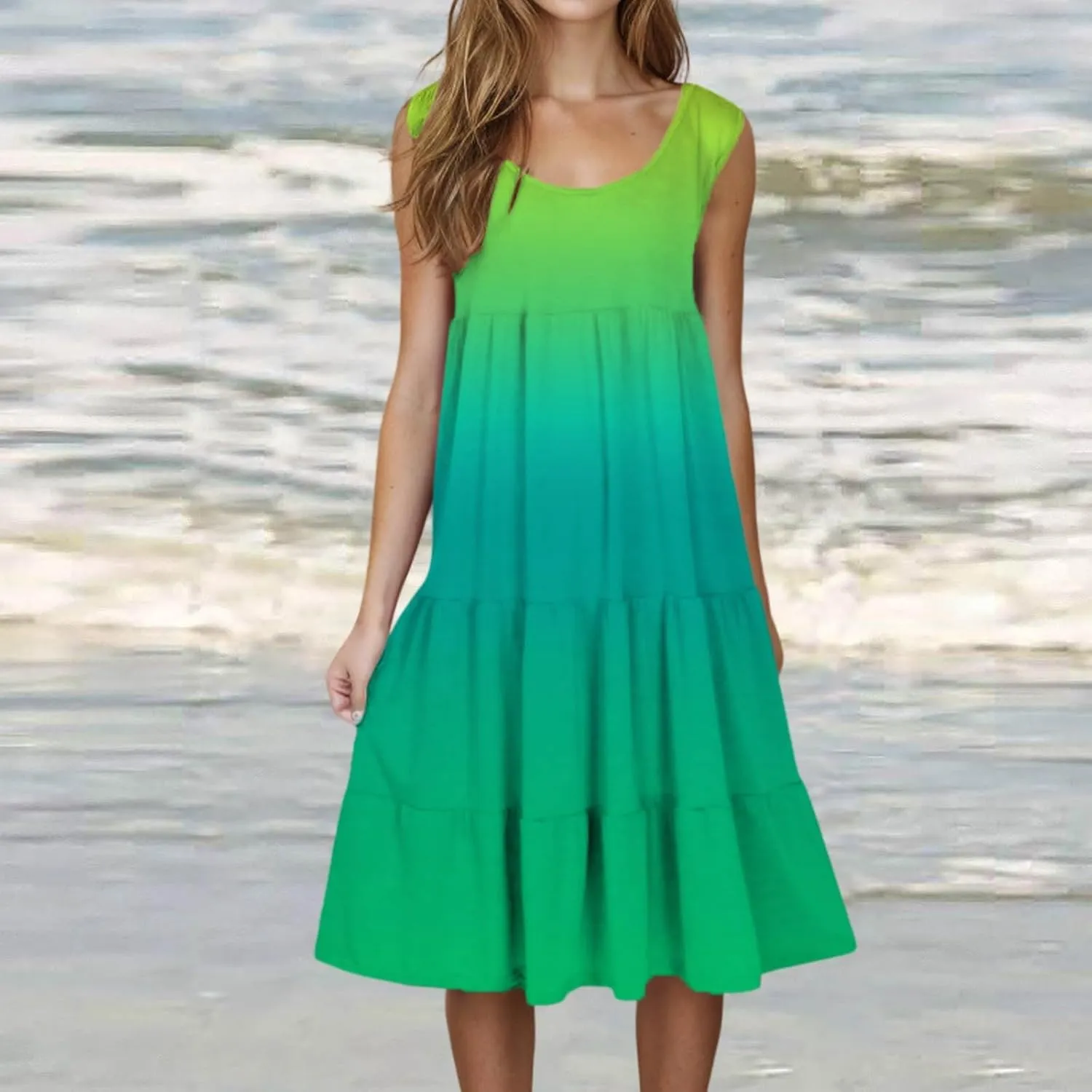Summer Dresses for Women 2025 Trendy Gradient Boho Vacation Dresses Casual Crew Neck Sleeveless Pleated Sundresses