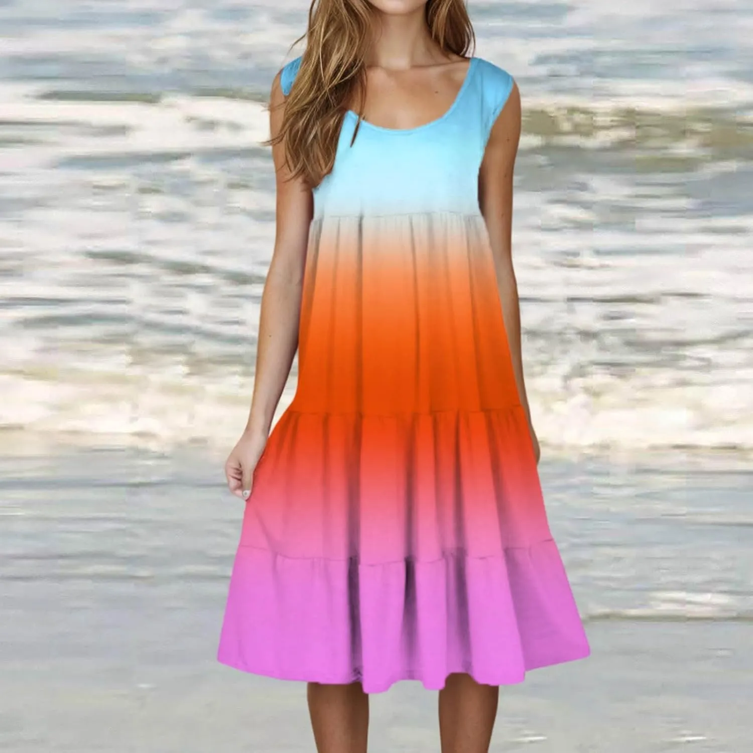 Summer Dresses for Women 2025 Trendy Gradient Boho Vacation Dresses Casual Crew Neck Sleeveless Pleated Sundresses