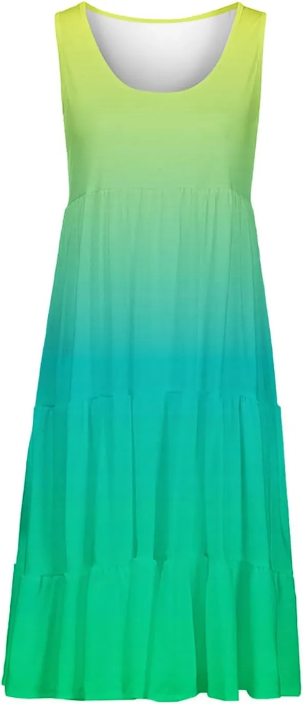Summer Dresses for Women 2025 Trendy Gradient Boho Vacation Dresses Casual Crew Neck Sleeveless Pleated Sundresses