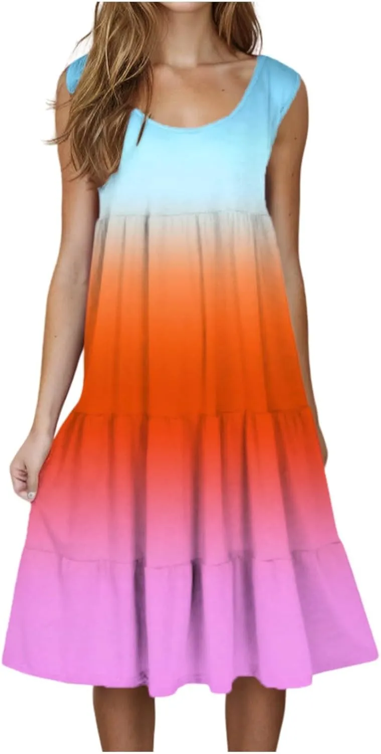 Summer Dresses for Women 2025 Trendy Gradient Boho Vacation Dresses Casual Crew Neck Sleeveless Pleated Sundresses
