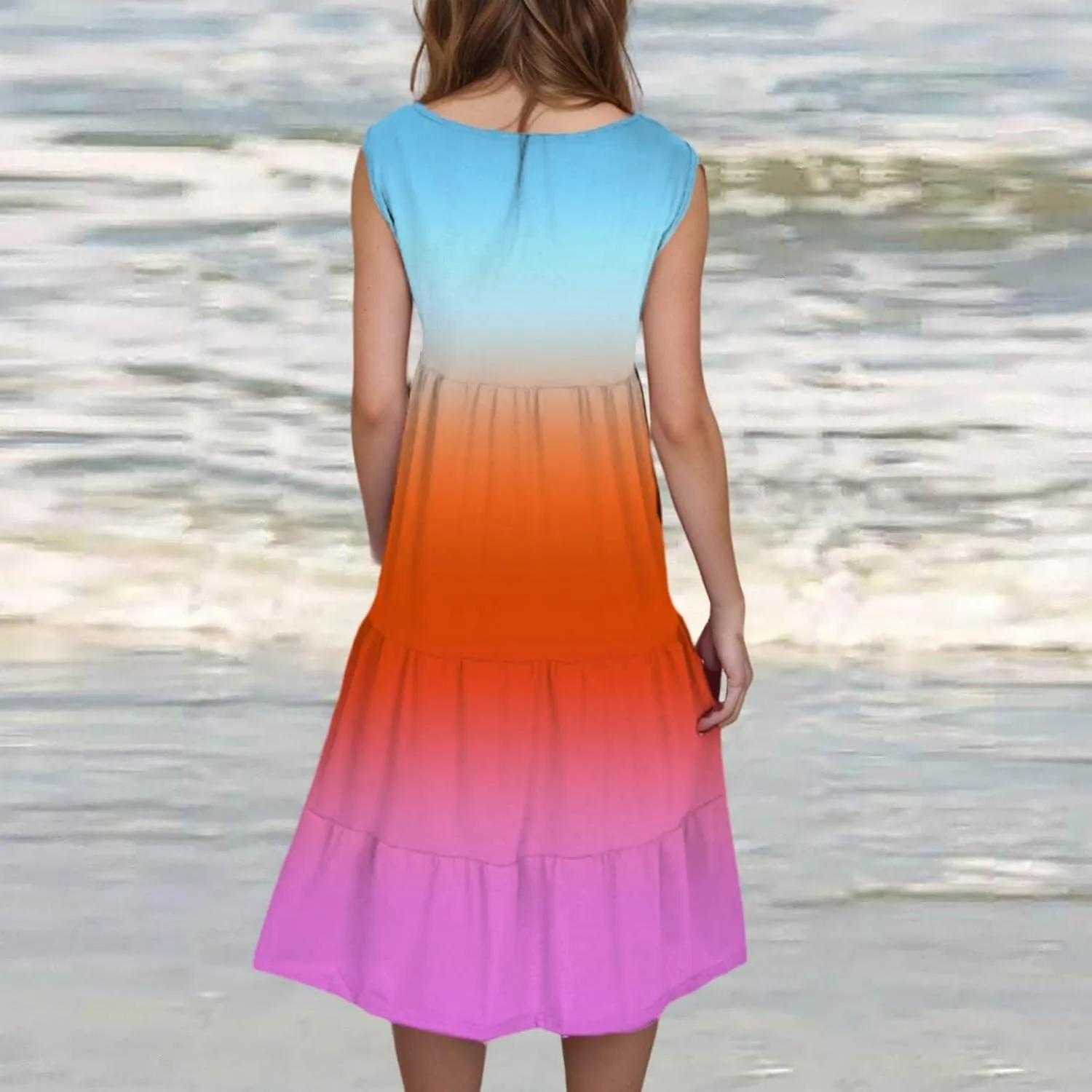 Summer Dresses for Women 2025 Trendy Gradient Boho Vacation Dresses Casual Crew Neck Sleeveless Pleated Sundresses