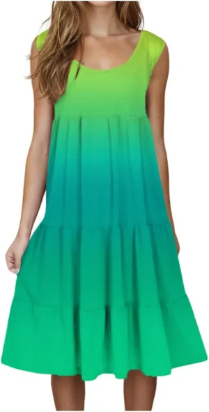 Summer Dresses for Women 2025 Trendy Gradient Boho Vacation Dresses Casual Crew Neck Sleeveless Pleated Sundresses
