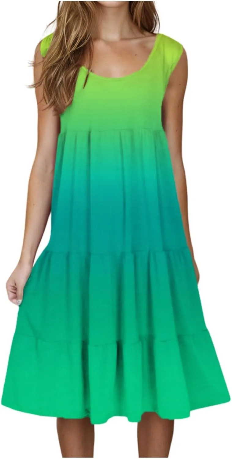 Summer Dresses for Women 2025 Trendy Gradient Boho Vacation Dresses Casual Crew Neck Sleeveless Pleated Sundresses