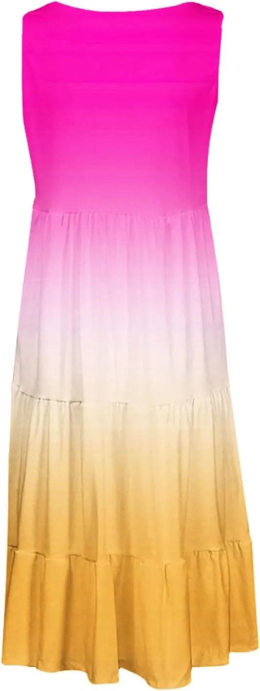 Summer Dresses for Women 2025 Trendy Gradient Boho Vacation Dresses Casual Crew Neck Sleeveless Pleated Sundresses