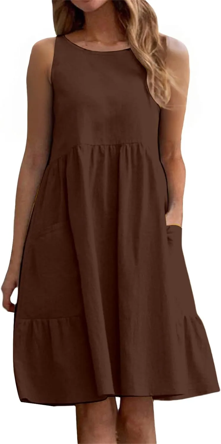 Summer Dresses for Women Casual Crew Neck Mini Dress Fashion Sleeveless Tank Dresses Lightweight Short A Line Dress