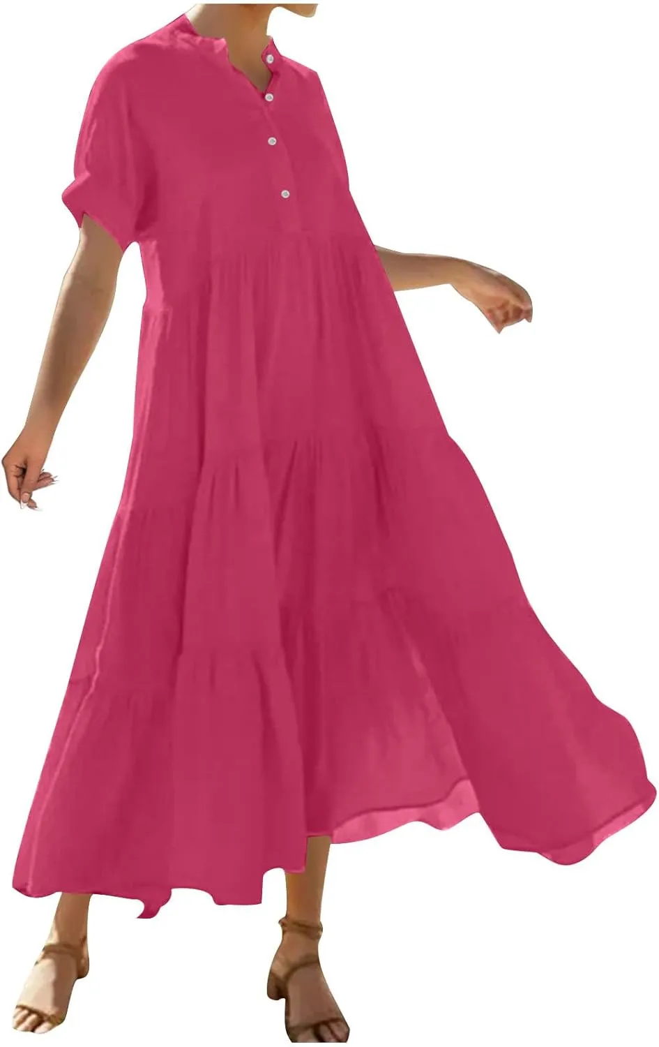 Summer Dresses for Women Trendy 2025 Solid Color V-Neck Casual Dress Pleated Swing Loose Vacation Sundresses