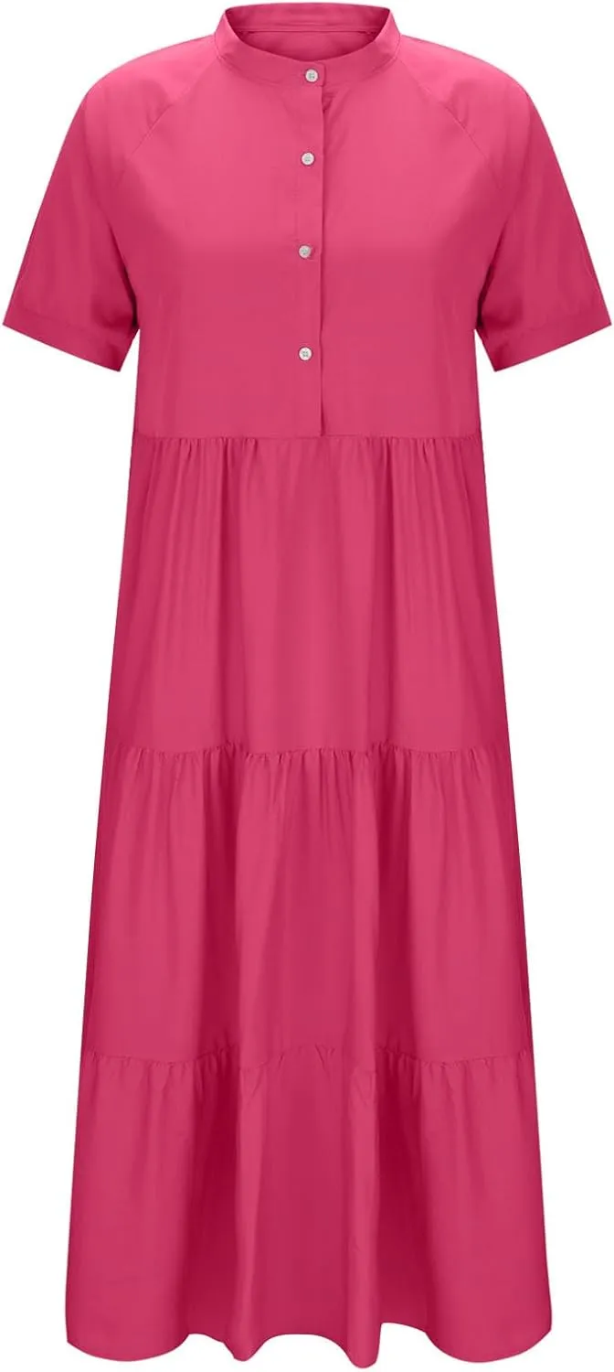 Summer Dresses for Women Trendy 2025 Solid Color V-Neck Casual Dress Pleated Swing Loose Vacation Sundresses
