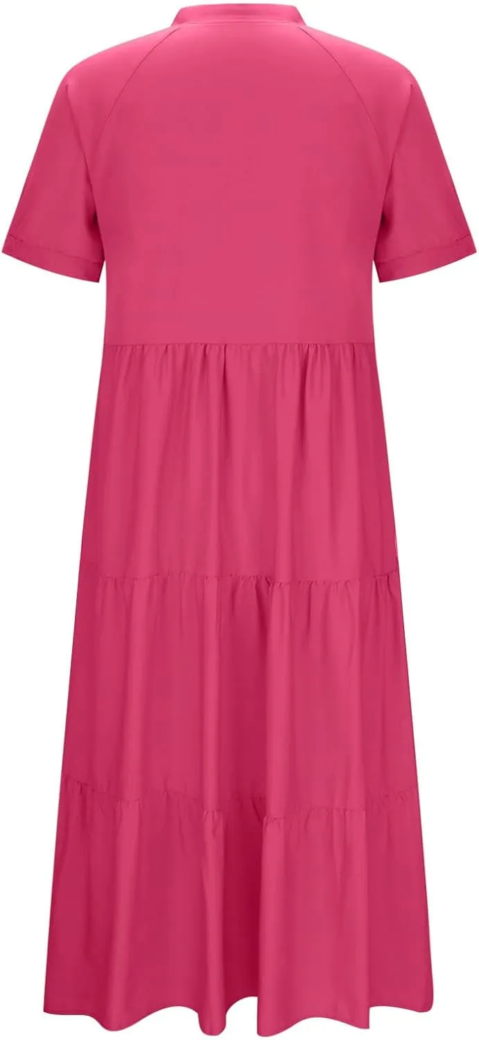Summer Dresses for Women Trendy 2025 Solid Color V-Neck Casual Dress Pleated Swing Loose Vacation Sundresses