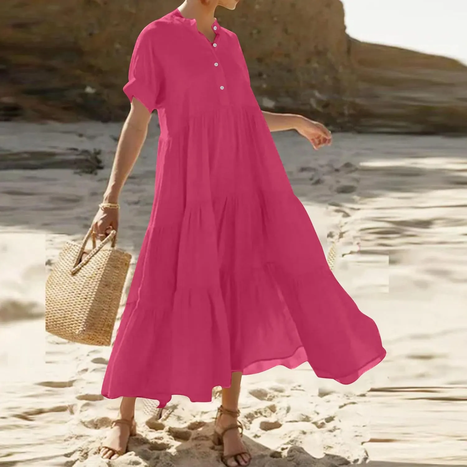 Summer Dresses for Women Trendy 2025 Solid Color V-Neck Casual Dress Pleated Swing Loose Vacation Sundresses