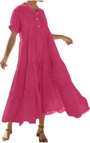 Summer Dresses for Women Trendy 2025 Solid Color V-Neck Casual Dress Pleated Swing Loose Vacation Sundresses