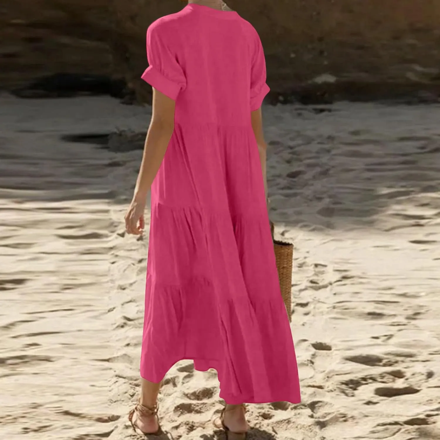 Summer Dresses for Women Trendy 2025 Solid Color V-Neck Casual Dress Pleated Swing Loose Vacation Sundresses