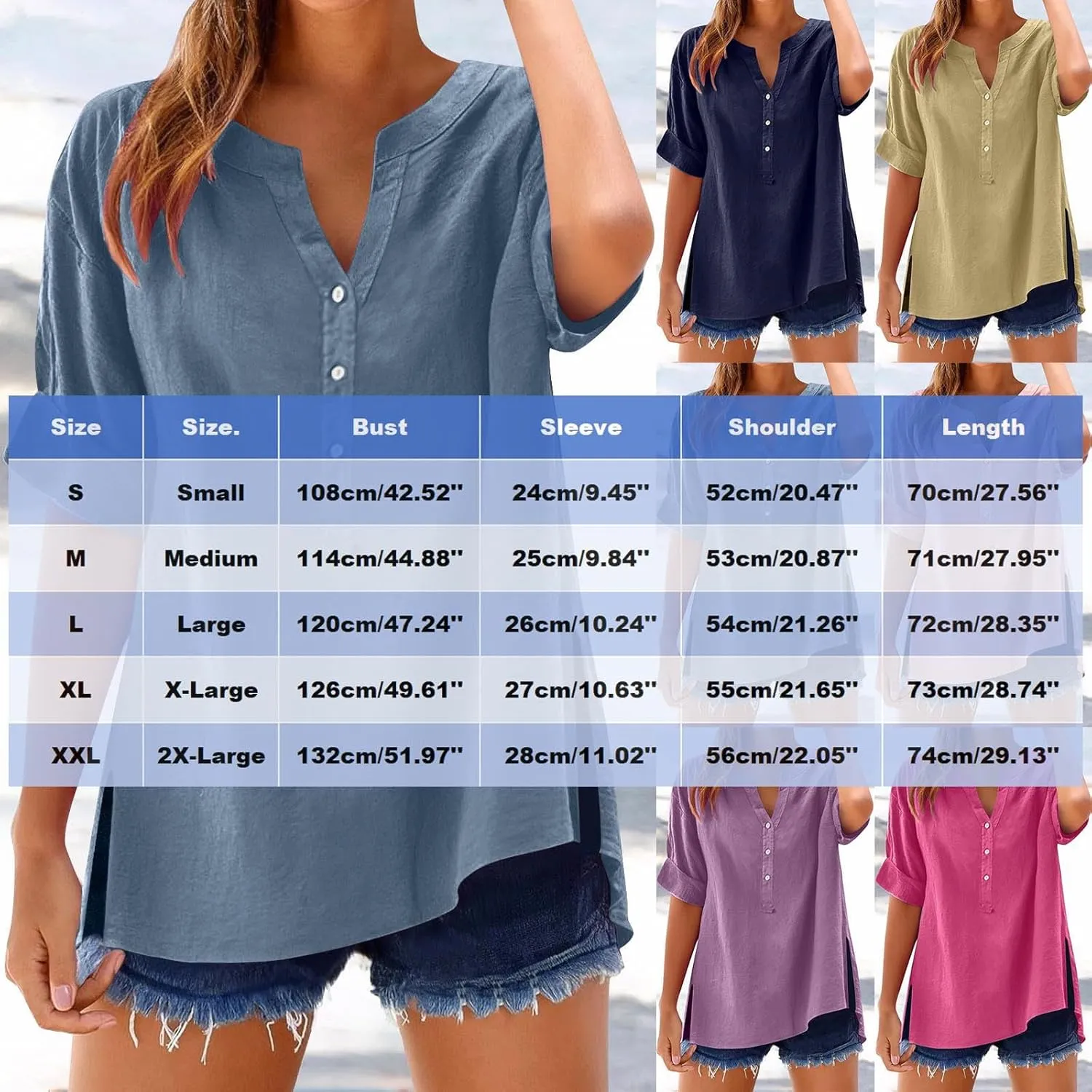 Summer Linen Tops for Women Trendy 2025 Roll Up Short Sleeve Button V Neck Tunic Shirts Oversized Plus Size Blouses