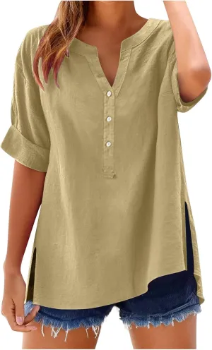 Summer Linen Tops for Women Trendy 2025 Roll Up Short Sleeve Button V Neck Tunic Shirts Oversized Plus Size Blouses
