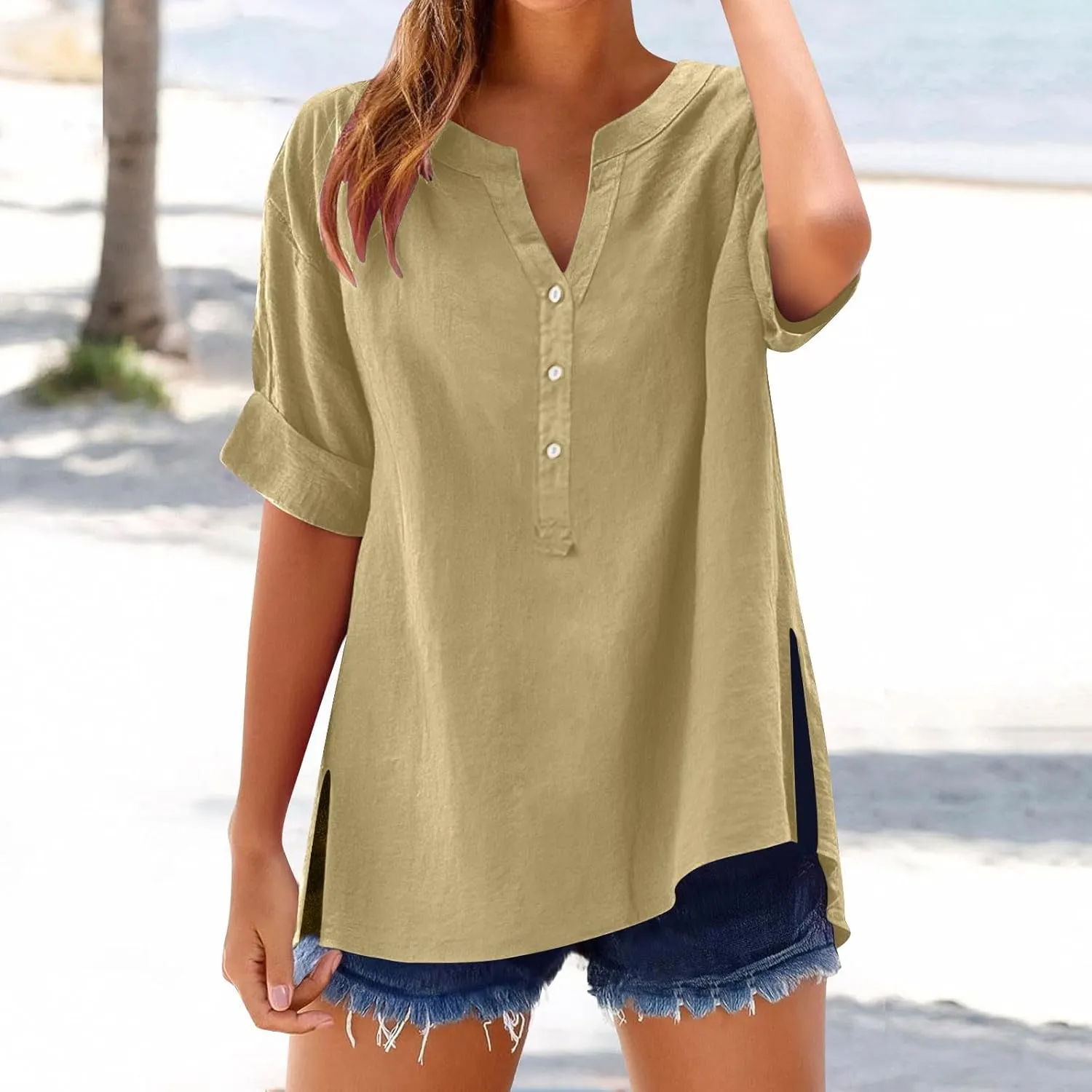 Summer Linen Tops for Women Trendy 2025 Roll Up Short Sleeve Button V Neck Tunic Shirts Oversized Plus Size Blouses