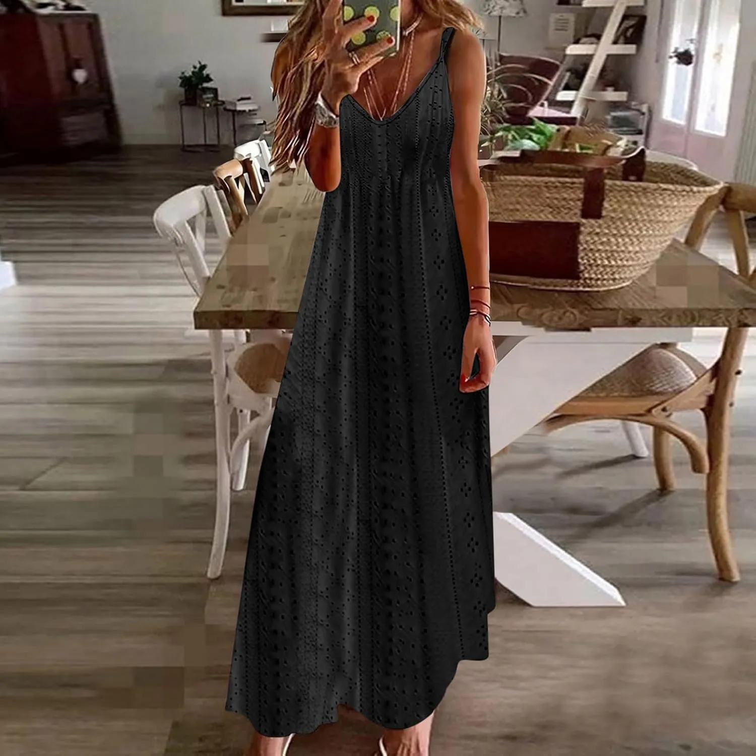 Summer Maxi Dresses for Women 2024 Sexy Lace Eyelet Sleeveless v Neck Long Dress Spaghetti Strap Flowy Beach Sundress