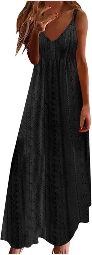 Summer Maxi Dresses for Women 2024 Sexy Lace Eyelet Sleeveless v Neck Long Dress Spaghetti Strap Flowy Beach Sundress
