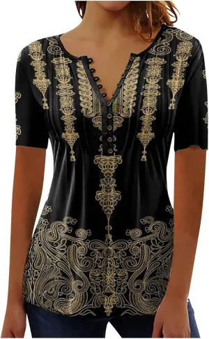Summer Tops for Women 2025 Trendy Boho Floral Button v Neck Tunic Shirts Casual Empire Waist Short Sleeve Blouses