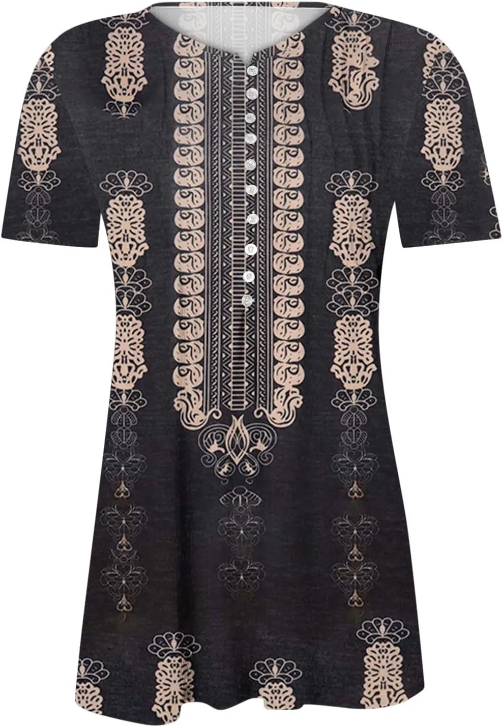 Summer Tops for Women 2025 Trendy Boho Floral Button v Neck Tunic Shirts Casual Empire Waist Short Sleeve Blouses
