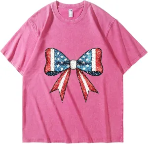Summer Tops for Women Casual Loose Short Sleeve Round Neck Independence Day Flag Print 4Th of Shirt Tops, S-2XL