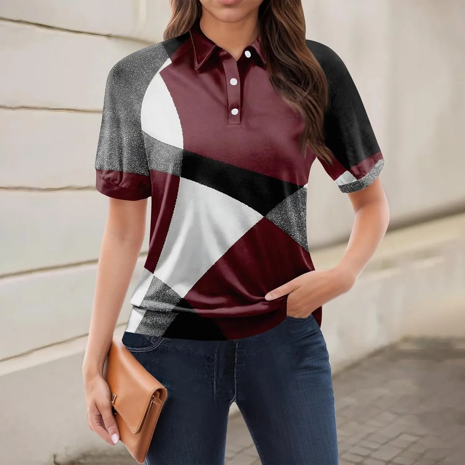 Summer Tops for Women Casual Short Sleeve Work Outfits Collared Button Down Tunics Trendy Print Blouses