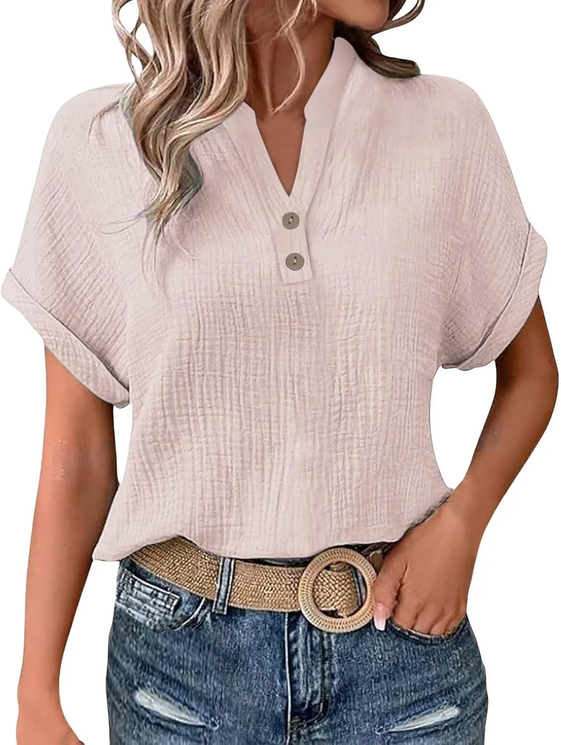 Summer Tops for Women Trendy Short Sleeve Cotton Linen Shirt Casual Button V Neck Tunic Blouses Fashion Work Clothes