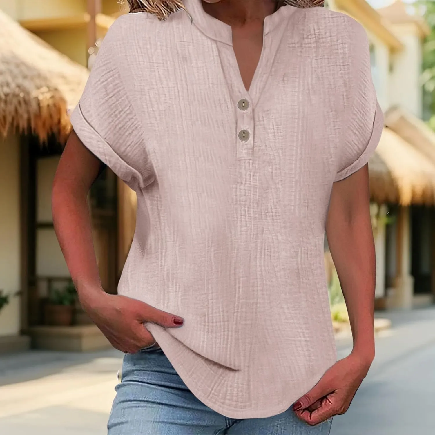 Summer Tops for Women Trendy Short Sleeve Cotton Linen Shirt Casual Button V Neck Tunic Blouses Fashion Work Clothes