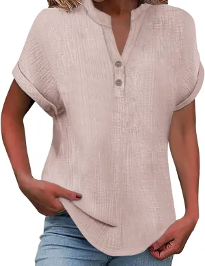 Summer Tops for Women Trendy Short Sleeve Cotton Linen Shirt Casual Button V Neck Tunic Blouses Fashion Work Clothes