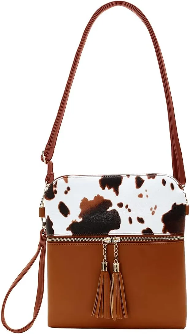 Sunwel Fashion Cow Print Wristlet Tassel Purse-Zipper Pockets Crossbody Bag Shoulder Handbag for Women