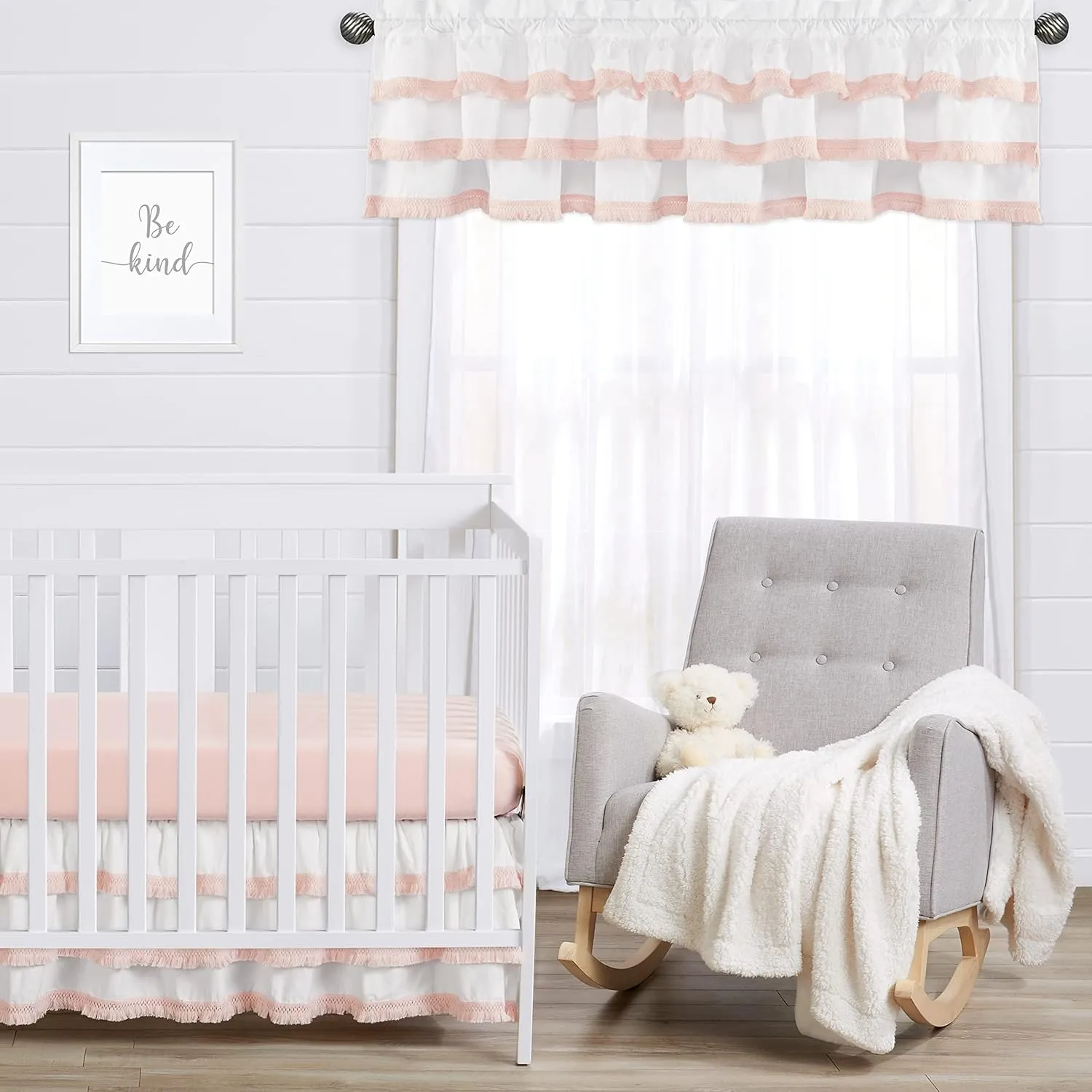 Sweet Jojo Designs Boho Bohemian Window Treatment Valance - Blush Pink and White Farmhouse Shabby Chic Designer Modern Minimalist Ruffle Tassel Fringe Macrame Cotton