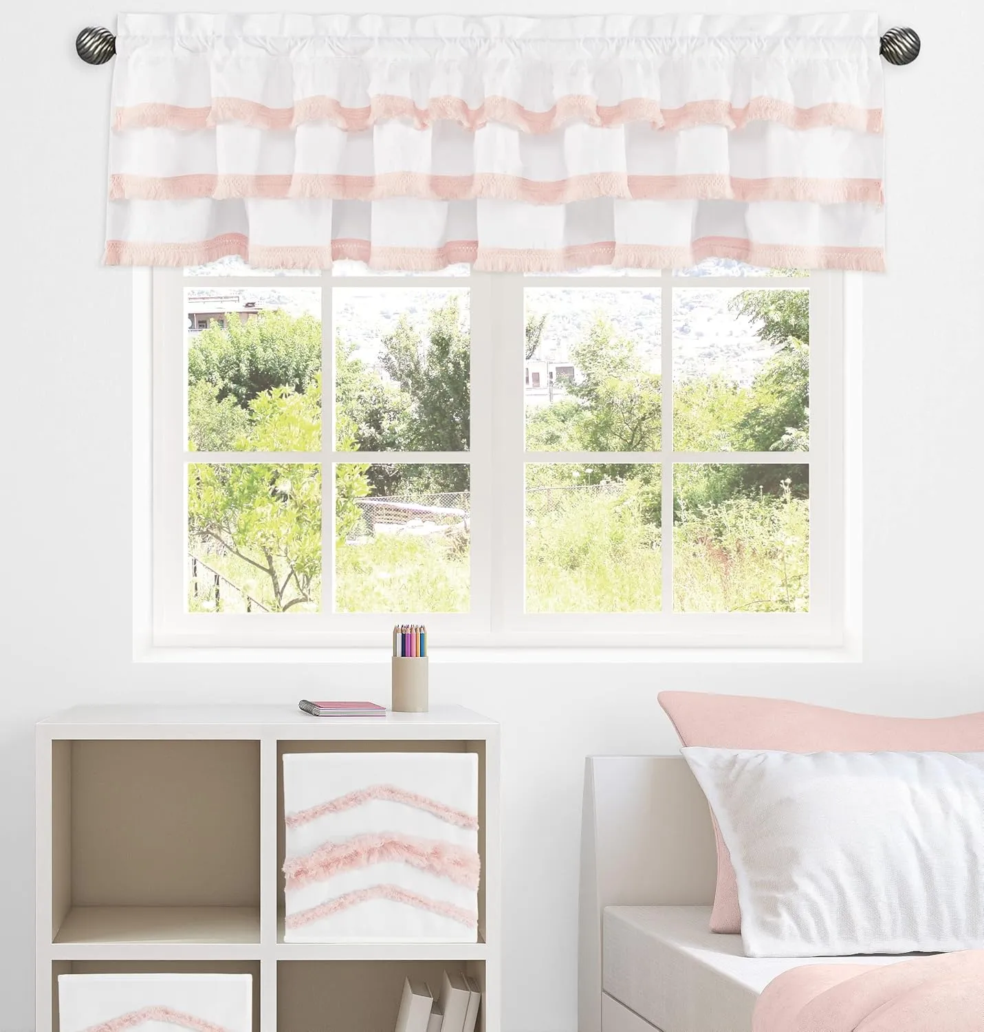 Sweet Jojo Designs Boho Bohemian Window Treatment Valance - Blush Pink and White Farmhouse Shabby Chic Designer Modern Minimalist Ruffle Tassel Fringe Macrame Cotton