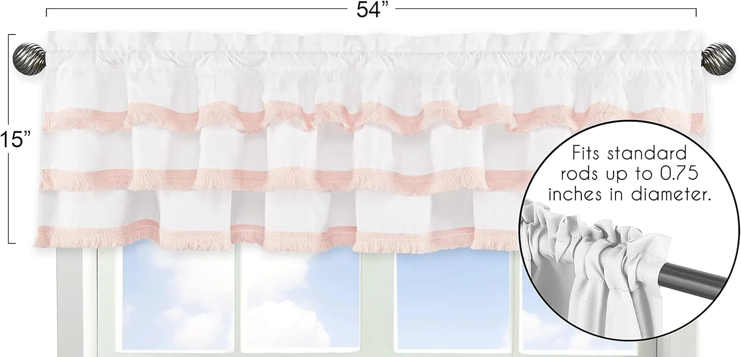Sweet Jojo Designs Boho Bohemian Window Treatment Valance - Blush Pink and White Farmhouse Shabby Chic Designer Modern Minimalist Ruffle Tassel Fringe Macrame Cotton