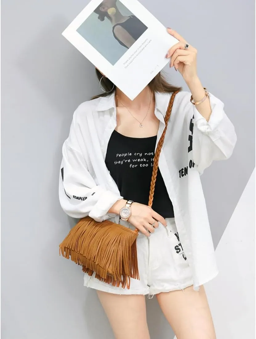 Tassel Crossbody Bag for Women Small Leather Handbags Ladies Fashion Purse Phone Bag