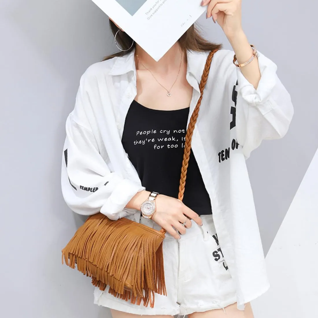 Tassel Crossbody Bag for Women Small Leather Handbags Ladies Fashion Purse Phone Bag
