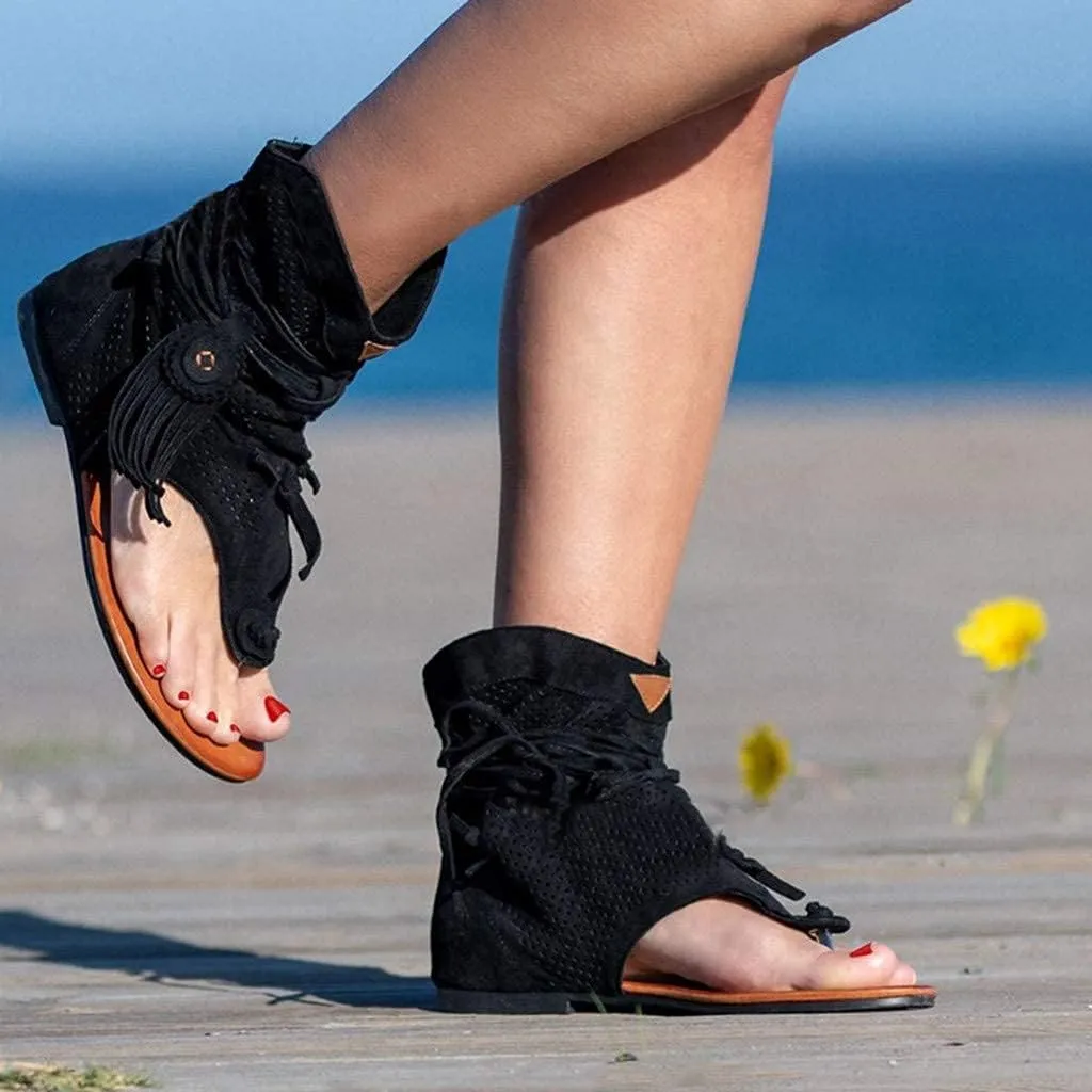 Tassel Sandals for Women, Retro Bohemian Gladiator Fringe Casual Shoes Flat Clip Toe Ankle Boots Beach Sandals T-Strap Roman Open-Toe Sandals