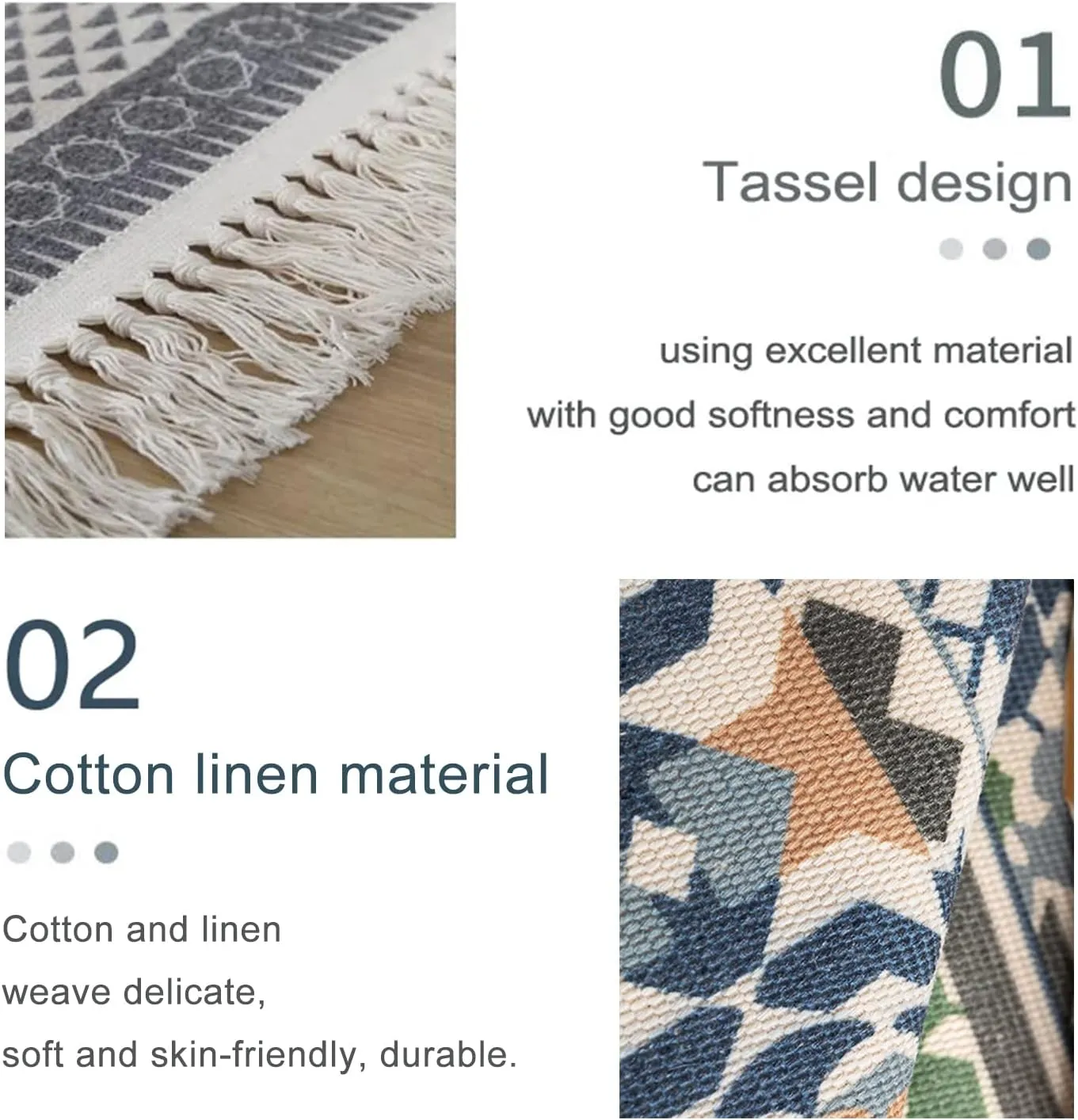 Tassels Area Rug Boucle Textured Subtle Striped Cotton Linen Throw Rug Washable Woven Carpet Runner Rug Mat Home Decor for Bathroom Laundry Bedroom Kitchen